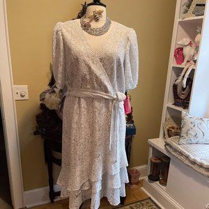 Alex Marie NWT 22W White Lace Dress With Black Polka Dots Ruffled at Bottom